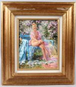 KONSTANTIN RAZUMOV (b.1974 RUSSIAN) 'May Sun' semi naked lady seated on a bench oil on canvas signed