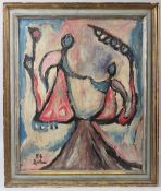 POSSIBLY EUROPEAN SCHOOL Two stylised figures in a landscape oil on canvas signed indistinctly 60
