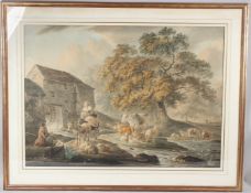 ENGLISH SCHOOL (19TH CENTURY) Figures by a watermill watercolour 63 x 87.5cm