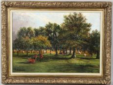 19TH CENTURY SCHOOL Cattle grazing in an orchard oil on canvas signed indistinctly 41 x 59cm