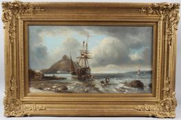 J TOMSONN Coastal landscape with St Michaels Mount and figures unloading a boat oil on canvas signed