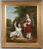 19TH CENTURY SCHOOL Portrait of two children with a spaniel oil on canvas signed with a monogram