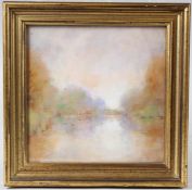 MODERN BRITISH SCHOOL Tranquil river landscape oil on canvas board 17.5 x 17.5cm