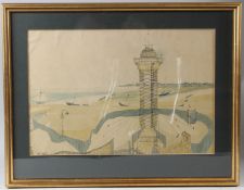 PRESTON GODDARD (1928-2009) Harbour view with tower ink and wash drawing signed 34 x 50.5cm