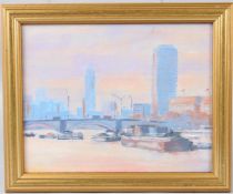 BRITISH SCHOOL (LATE 20TH CENTURY) Barges near a Thames river bridge acrylic on canvas board 19 x