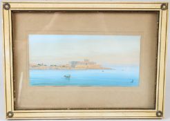 JOSEPH BONELLO Dragonara Palace St Julians Malta gouache signed with initials 11.5 x 25cm
