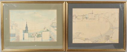 PRESTON GODDARD (1928-2009) Harbour view and another coastal scene two ink and wash drawings both