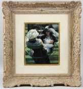 SHERREE VALENTINE-DAINES (1959) 'Conversation' two women seated at a table oil on board signed 29