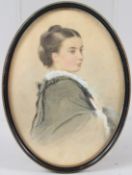 19TH CENTURY SCHOOL Portrait of a woman pencil and watercolour oval frame 25 x 18cm