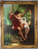 ROMANTIC SCHOOL Two lovers on a garden swing oil on canvas 120 x 90cm