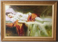 HODGKINS Woman sleeping on a bed oil on canvas signed 59 x 89cm