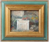 MARIKA (FRENCH CONTEMPORARY) Garden gate oil on canvas signed inscribed verso 13 x 17cm