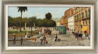 CONTINENTAL SCHOOL Street scene with carriages and trams oil on board signed indistinctly 28 x 58cm