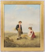 ENGLISH SCHOOL (19TH CENTURY) Two young harvesters in a field oil on canvas (a/f) 34x 29cm