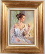 KONSTANTIN RAZUMOV (1974 RUSSIAN) 'Lipstick' woman at a dressing table oil on canvas signed