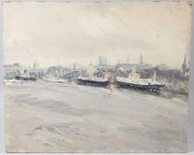 MODERN BRITISH SCHOOL Boats tied up on the Thames oil on board unframed 51 x 61cm