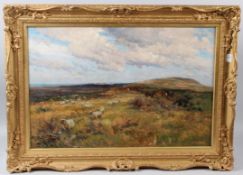 FREDERICK WILLIAM WHITEHEAD (1853-1938) Moorland landscape with sheep and horses possible Dorset oil