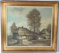 20TH CENTURY SCHOOL Thatched cottages and trees oil on canvas signed indistinctly Hudson? 68 x 78cm