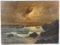 CONTINENTAL SCHOOL (LATE 19TH EARLY 20TH CENTURY) Fishing boats at night off a rocky coastline oil