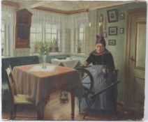 EUROPEAN SCHOOL (EARLY 20TH CENTURY) Interior scene of a seated woman at a spinning wheel oil on