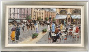 CONTINENTAL SCHOOL Street scene with carriages and cafe oil on board signed indistinctly 29 x 59.