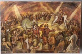 DEREK JAMES HIGGINSON (1930-2020) Circus with clowns and acrobats oil on canvas signed unframed 61 x