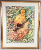 CLARE HACKNEY Cockerel and chicken watercolour signed and dated '93 72.5 x 54cm