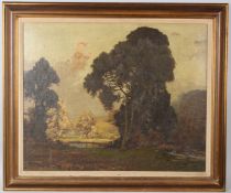 ATTRIBUTED TO FRED HAYDEN Woodland landscape oil on canvas inscribed verso 64 x 80cm