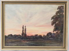 ENGLISH SCHOOL (20TH CENTURY) Landscape at sunset oil on board signed indistinctly (possibly