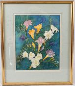 VIOLA KIRKE Freesias painting on silk signed 31 x 25cm