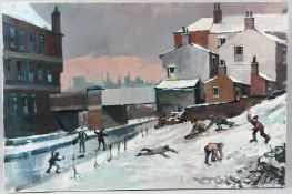 TOM BROWN (1933-2017) Street scene with children throwing snowballs oil on canvas signed unframed 61