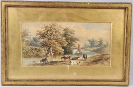 HENRY EARP (19TH CENTURY) Cattle on a riverbank watercolour signed 17 x 35cm