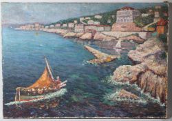 MEDITERRANEAN SCHOOL (POSSIBLY MALTESE) Fishing boat entering a harbour town oil on canvas