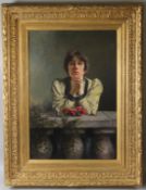 LATE 19TH / EARLY 20TH CENTURY SCHOOL Portrait of a woman with red flowers resting on a balcony