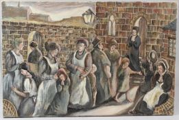 DEREK JAMES HIGGINSON (1930-2020) Women and children outside a chapel oil on canvas signed