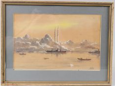 TURKISH SCHOOL (EARLY 20TH CENTURY) View of the Golden Horn at sunset watercolour and gouache signed