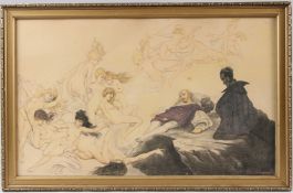 FOLLOWER OF NORMAN LINDSAY Sleeping man surrounded by nudes and a crouching devil figure pencil