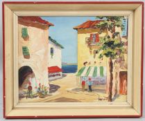 MARGOT 'Riviera Scene' in the manner of D'Oyly John oil on board signed gallery label on backing