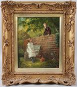 R MARSHALL 'At the bottom of the Garden' oil on panel signed with a monogram 28.5 x 23cm