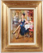 KONSTANTIN RAZUMOV (b.1974 RUSSIAN) Palace hotel in Biarritz seated lady in a blue dress oil on