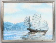 T BARKER 'Junk in early morning on Victoria Harbour Hong Kong oil on canvas board signed inscribed
