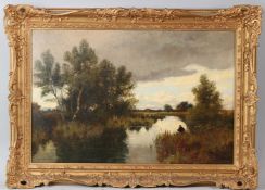 ENGLISH SCHOOL (19TH CENTURY) Angler on a peaceful stretch of river oil on canvas signed