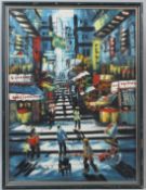 SOUTH EAST ASIAN SCHOOL (20TH CENTURY) Busy street scene oil on canvas board signed indistinctly