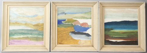 E HOLLAND Stylised landscapes oils on board set of three all signed each 32.5 x 30cm (3)
