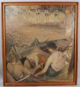 SALTER River scene with figures in a boat oil on board signed 92 x 83cm