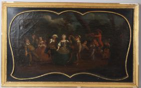 EARLY 19TH CENTURY SCHOOL A pair of Regency social scenes oil on cartouche panels 50 x 93cm