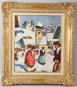 CIRCLE OF ALFONS WALDE Figures in a street in an Austrian alpine town oil on board bears signature