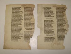 [WYNKYN de WORDE / EARLY PRINTING] 2 printed leaves identified by Birmingham Public Libraries in