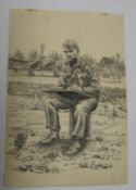 [AVIATION] a fine pencil & ink drawing, WWII era, possible self-portrait by the unknown artist, with