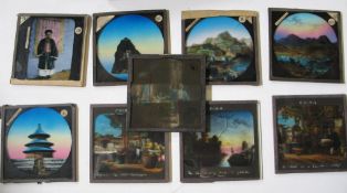 [CHINA] a set of 9 hand coloured magic lantern slides of Chinese scenes, including an opium den,